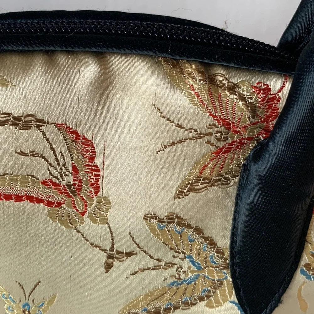 Elegant Gold Satin Embroidered Top-Handle Bag